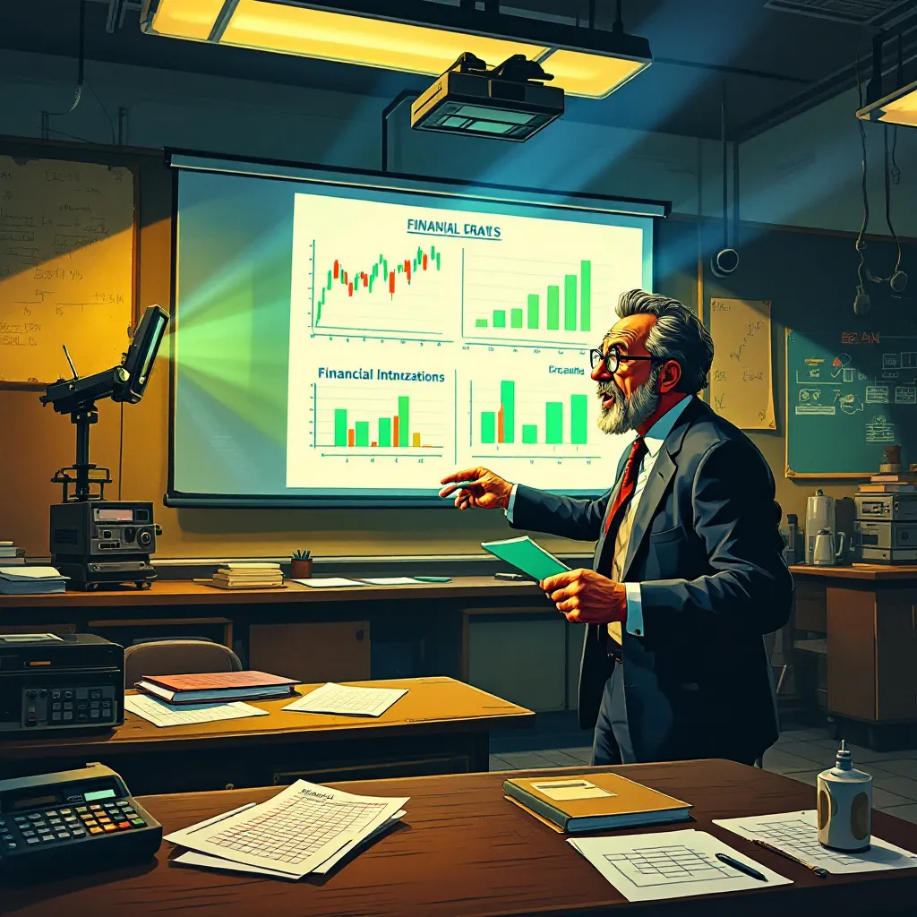 Retro-Finanzbildungsszene mit Overhead-Projektor – Professor erklärt Finanzdiagramme im Old-School-Stil. Klassenzimmer mit Vintage-Charme, Holztischen und Notizblöcken. FINCYCLOPIA Old-School Learning.